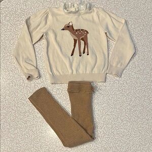 Janie and Jack Cream Sweater with Deer Design and Tan Leggings Size 4